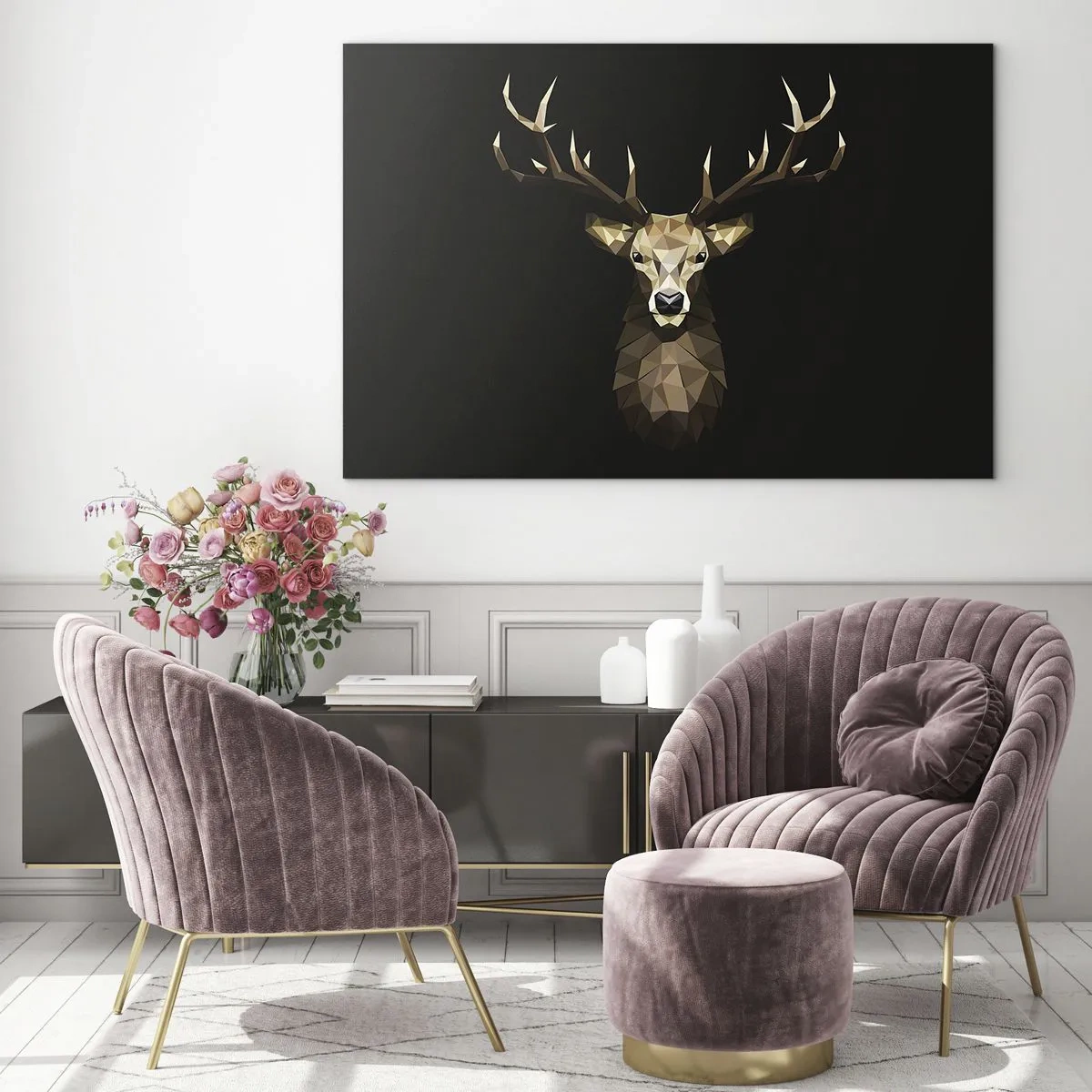 Obraz na szkle - Geometryczny jeleń na czarnym tle - 100x70cm - Kubistyczny jeleń - Nowoczesna dekoracja ścienna do salonu, kuchni i sypialni ARTTOR