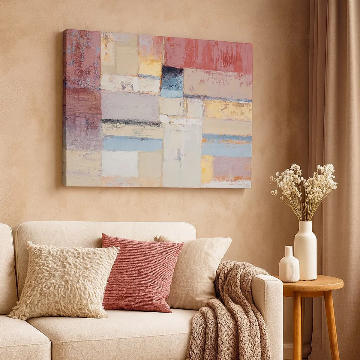 Obraz na płótnie - Geometryczna kompozycja w pastelowych barwach - 70x50cm - Spokój geometrii - Nowoczesna dekoracja ścienna do salonu i sypialni ARTTOR