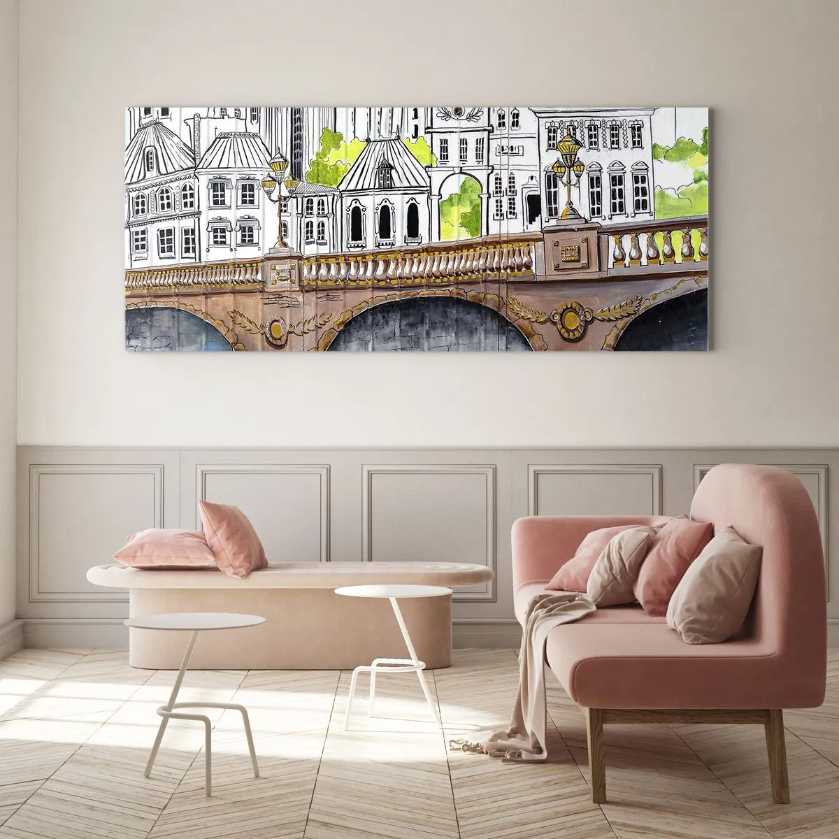 Obraz na szkle - Rysunek mostu i zabytkowej architektury miejskiej - 120x50cm - Miasto jak malowane - Nowoczesna dekoracja ścienna do salonu i sypialni ARTTOR