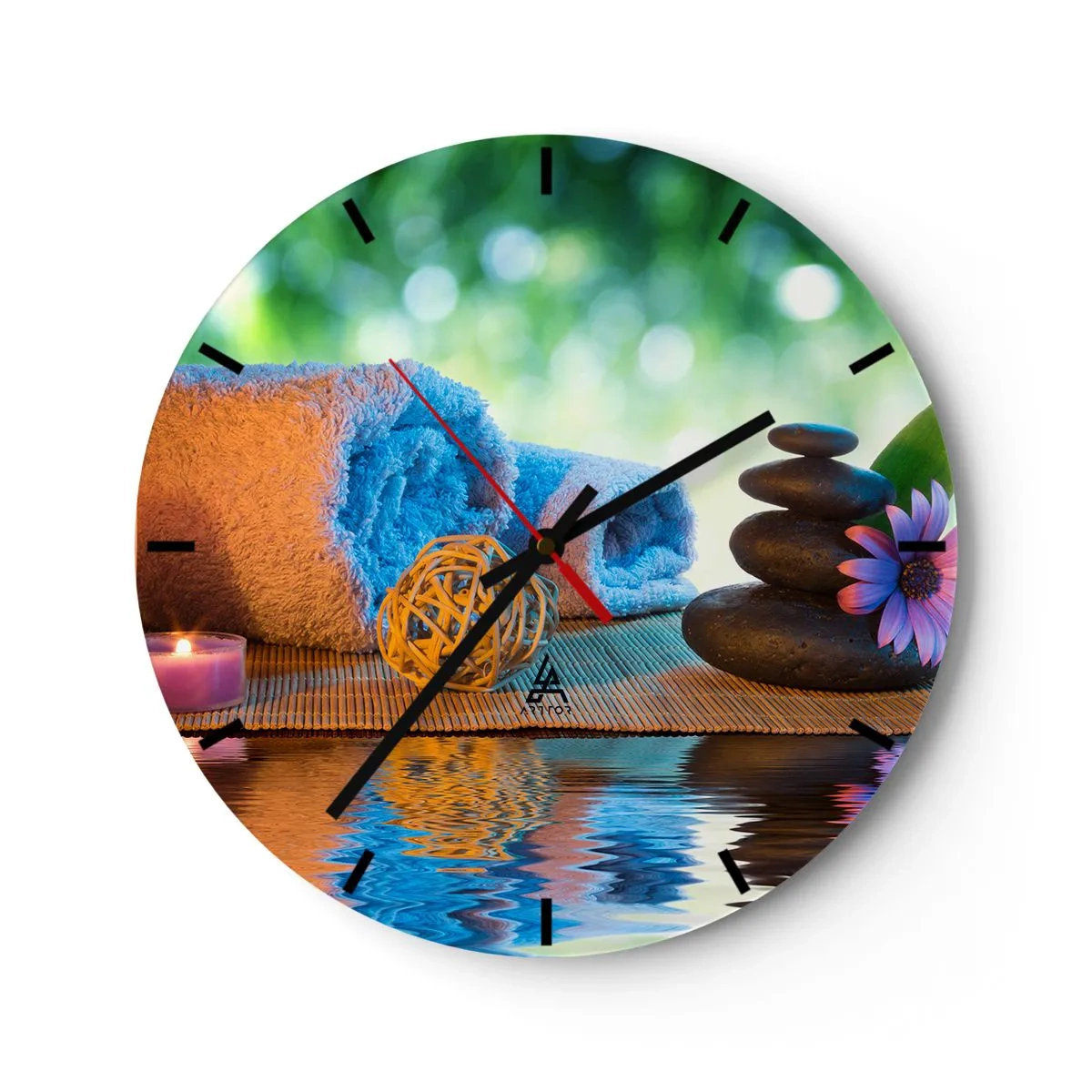 Zegar ścienny - Kompozycja spa z kamieniami, ręcznikiem i świecą na tle natury - 30x30cm - Czas dla ciała - Nowoczesna dekoracja ścienna do salonu, kuchni i sypialni ARTTOR
