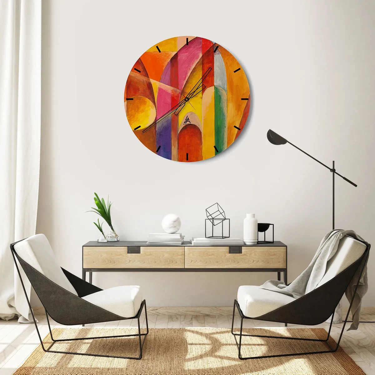 Zegar ścienny - Kolorowa abstrakcja z geometrycznymi kształtami - 30x30cm - Katedra słońca - Nowoczesna dekoracja ścienna do salonu, kuchni i sypialni ARTTOR