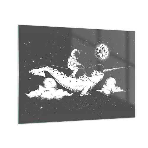 Obraz na szkle - Astronauta lecący na narwalu w kosmicznej scenerii - 70x50cm - Kosmiczny jeździec - Nowoczesna dekoracja ścienna do salonu i sypialni ARTTOR