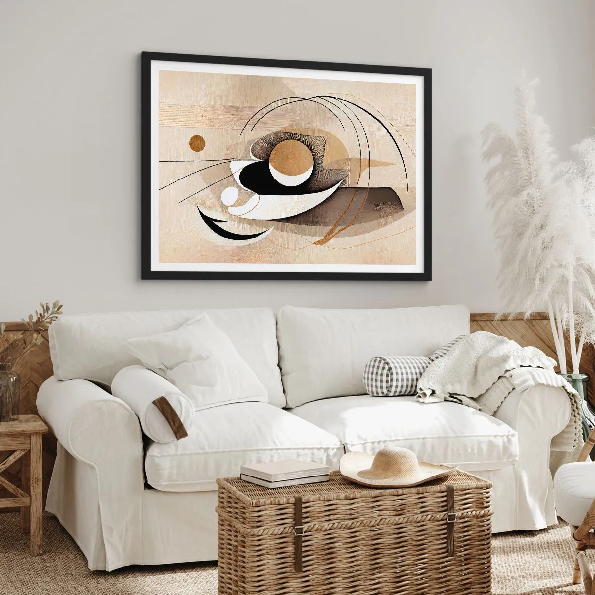 Plakat w czarnej ramie - Abstrakcyjna kompozycja w odcieniach beżu i czerni - 70x50cm - Kompozycja: istota rzeczy - Nowoczesna dekoracja ścienna do salonu i sypialni ARTTOR