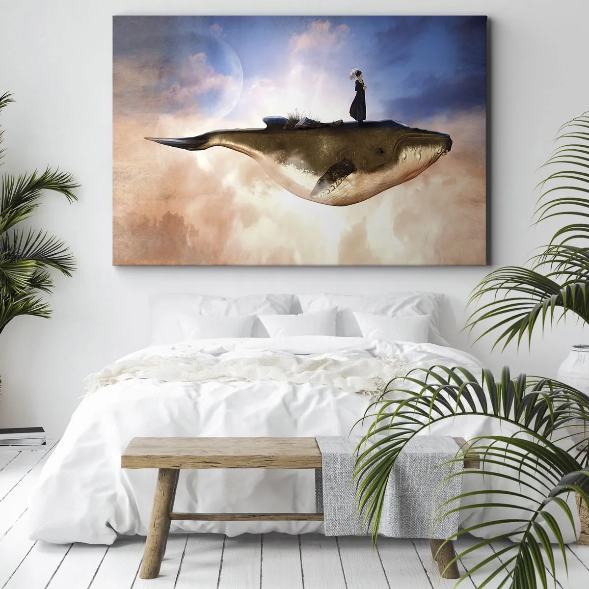 Obraz na płótnie - Fantastyczna scena kobiety na wielorybie wśród chmur - 70x50cm - Nadrealna podróż - Nowoczesna dekoracja ścienna do salonu i sypialni ARTTOR