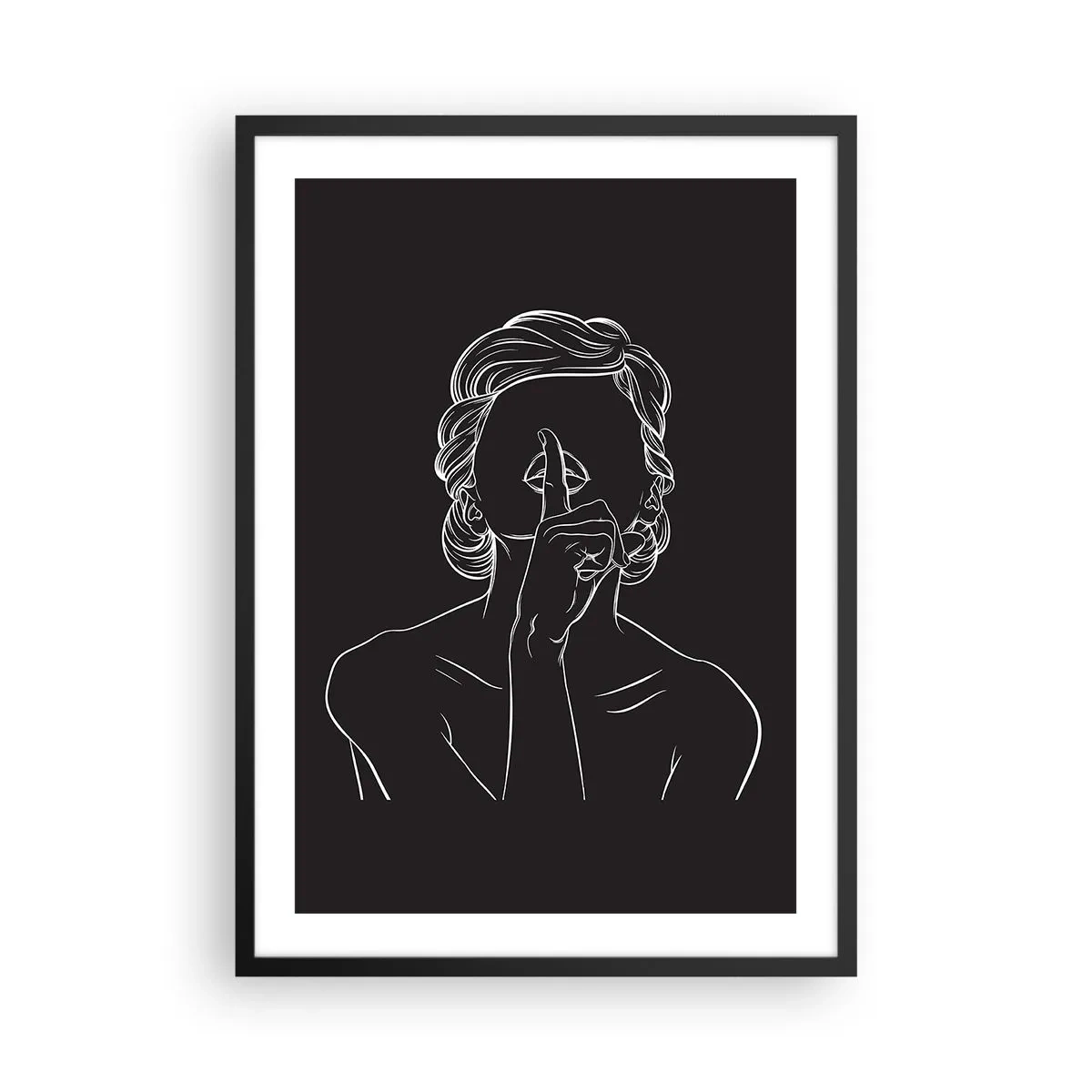 Plakat w czarnej ramie - Minimalistyczna ilustracja kobiety z gestem ciszy na czarnym tle - 50x70cm - Piękno rozkwita w ciszy - Nowoczesna dekoracja ścienna do salonu i sypialni ARTTOR