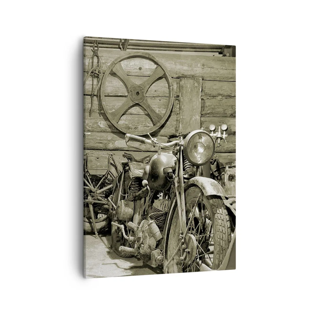 Obraz na płótnie - Vintage motocykl w drewnianym garażu - 50x70cm - W szopie wuja Władka - Nowoczesna dekoracja ścienna do salonu, kuchni i sypialni ARTTOR