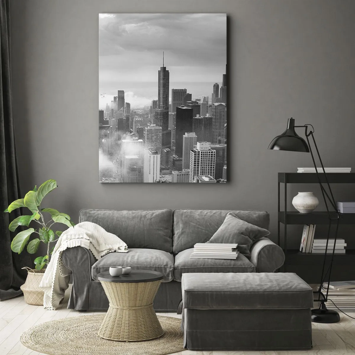 Obraz na płótnie - Czarno-biała panorama nowoczesnego miasta otoczonego mgłą - 50x70cm - Pejzaż amerykański - Nowoczesna dekoracja ścienna do salonu, kuchni i sypialni ARTTOR