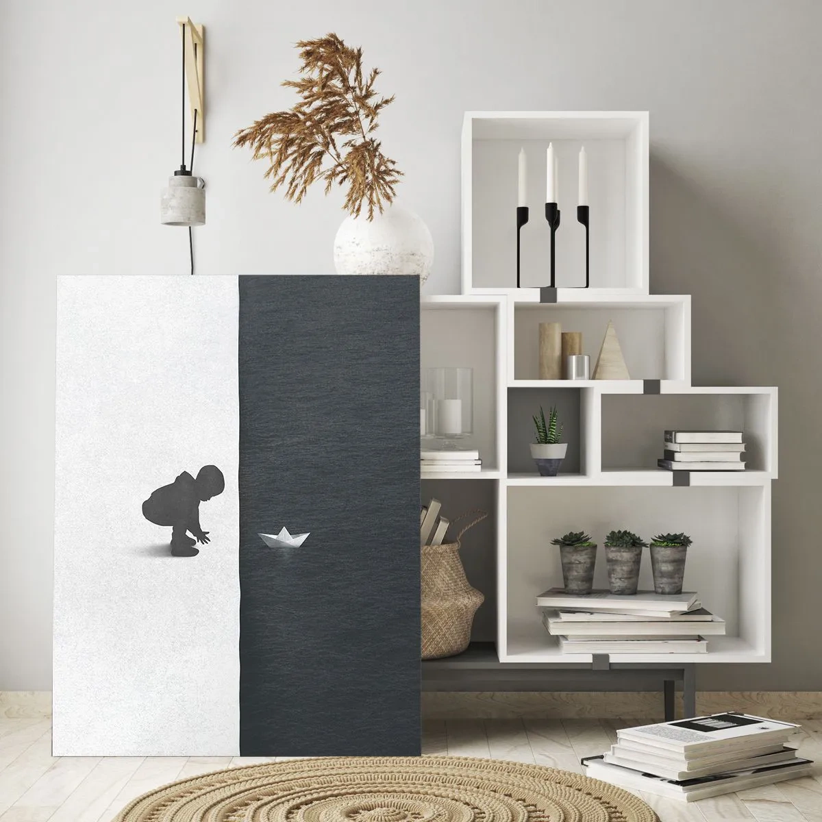 Obraz na szkle - Sylwetka dziecka wypuszczającego papierową łódkę na wodę - 50x70cm - Wielka wyprawa - Nowoczesna dekoracja ścienna do salonu, kuchni i sypialni ARTTOR