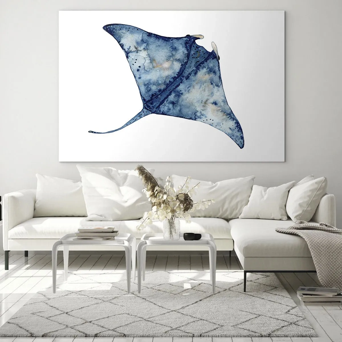 Obraz na szkle - Granatowa raja w akwarelowym stylu na białym tle - 70x50cm - Życie w błękicie - Nowoczesna dekoracja ścienna do salonu i sypialni ARTTOR