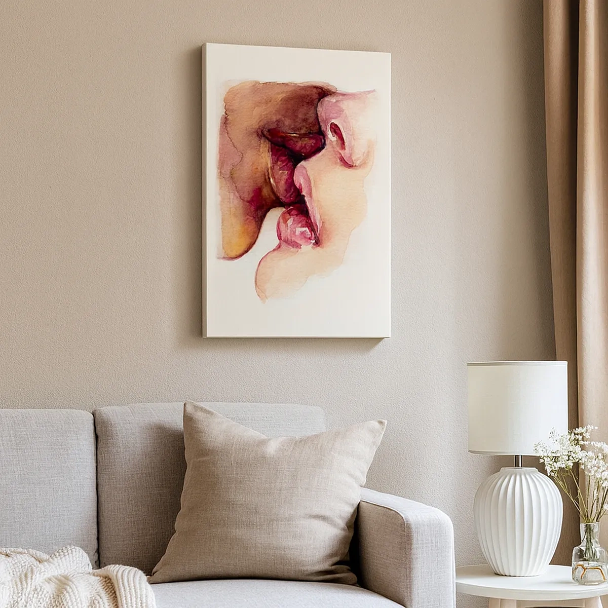 Obraz na płótnie - Akwarelowy obraz przedstawiający zbliżenie dwóch twarzy w pocałunku - 50x70cm - Jak noc i dzień, ziemia i niebo - Nowoczesna dekoracja ścienna do salonu, kuchni i sypialni ARTTOR