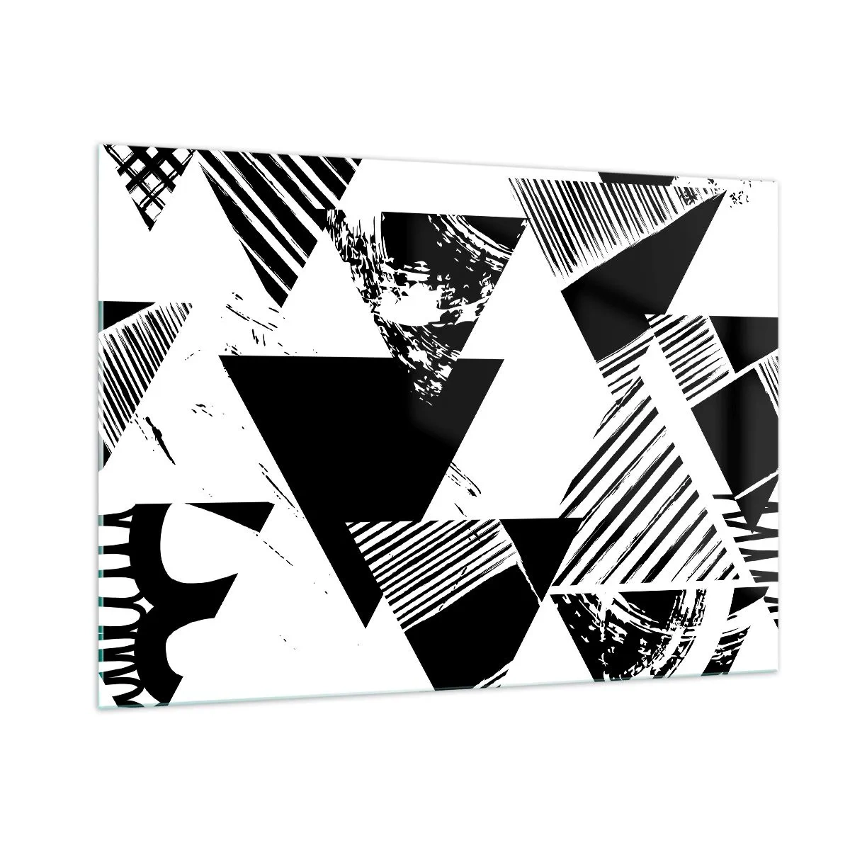 Obraz na szkle - Czarno-białe geometryczne wzory z motywem trójkątów - 100x70cm - Deszcz trójkątów - Nowoczesna dekoracja ścienna do salonu, kuchni i sypialni ARTTOR