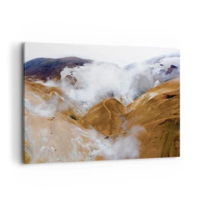 Obraz na płótnie - Górski krajobraz z parą wodną w surowym klimacie - 120x80cm - Surowa uroda Islandii - Nowoczesna dekoracja ścienna do salonu, kuchni i sypialni ARTTOR