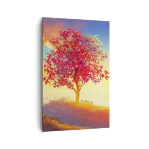 Obraz na płótnie - Postać na wzgórzu obok kolorowego drzewa w świetle zachodzącego słońca - 80x120cm - Pielgrzym u celu - Nowoczesna dekoracja ścienna do salonu i sypialni ARTTOR