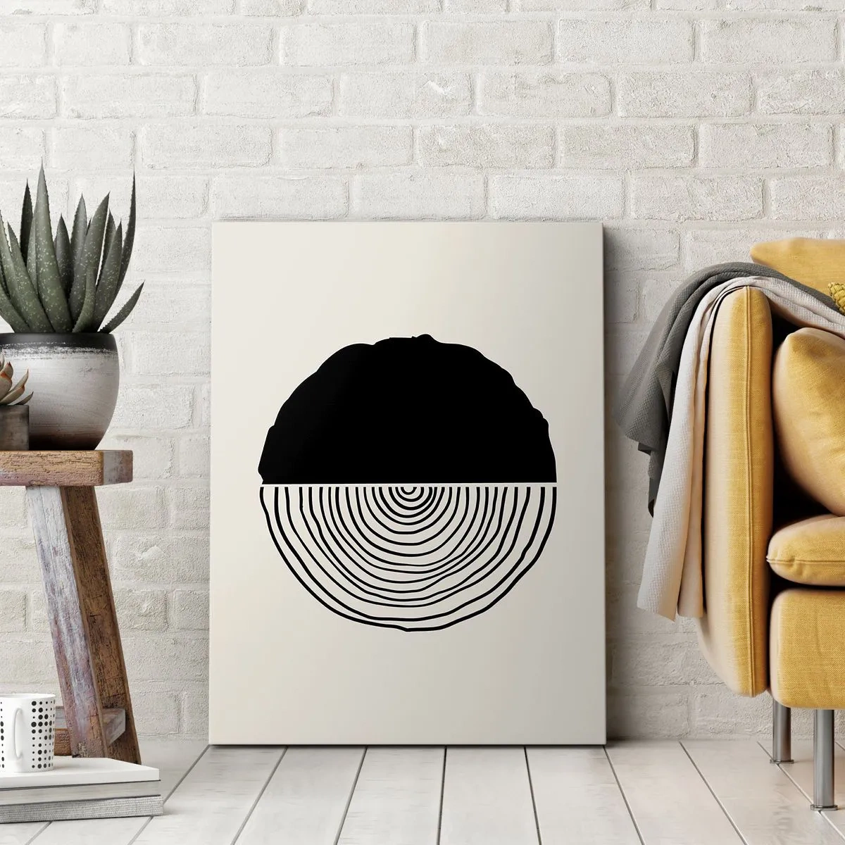 Obraz na płótnie - Minimalistyczna grafika czarno-biała przedstawiająca przekrój pnia drzewa - 50x70cm - Pół na pół - Nowoczesna dekoracja ścienna do salonu, kuchni i sypialni ARTTOR