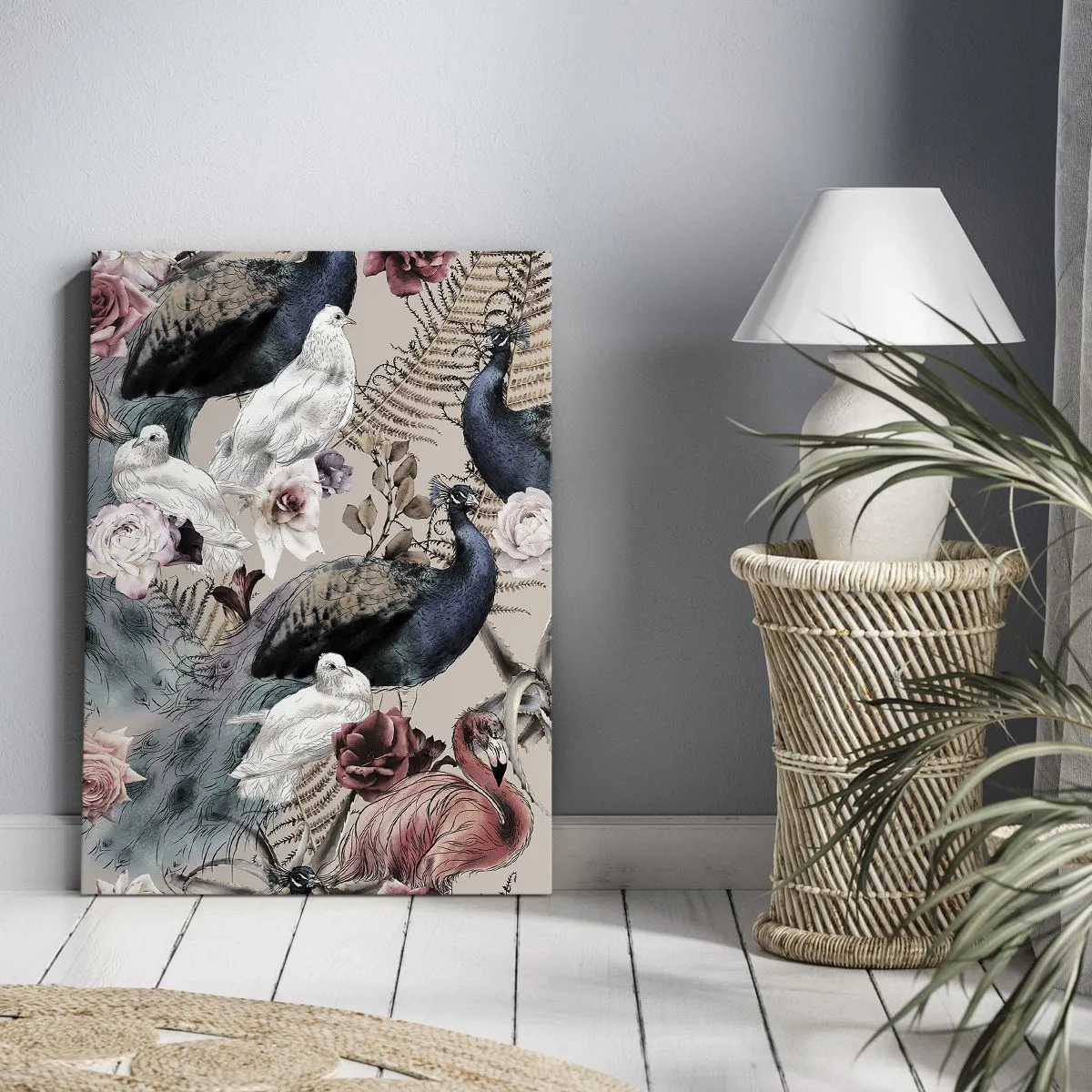 Obraz na płótnie - Ilustracja z pawiem, gołębiami i flamingiem wśród róż i paproci - 50x70cm - W pałacowym ogrodzie - Nowoczesna dekoracja ścienna do salonu, kuchni i sypialni ARTTOR