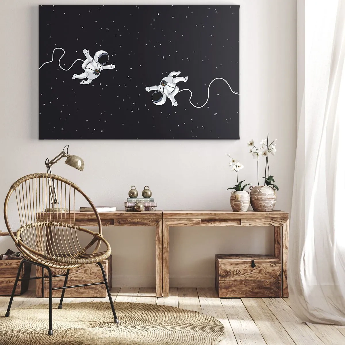 Obraz na płótnie - Astronauci unoszący się w kosmosie na tle gwiazd - 70x50cm - Kosmiczny pląs - Nowoczesna dekoracja ścienna do salonu i sypialni ARTTOR