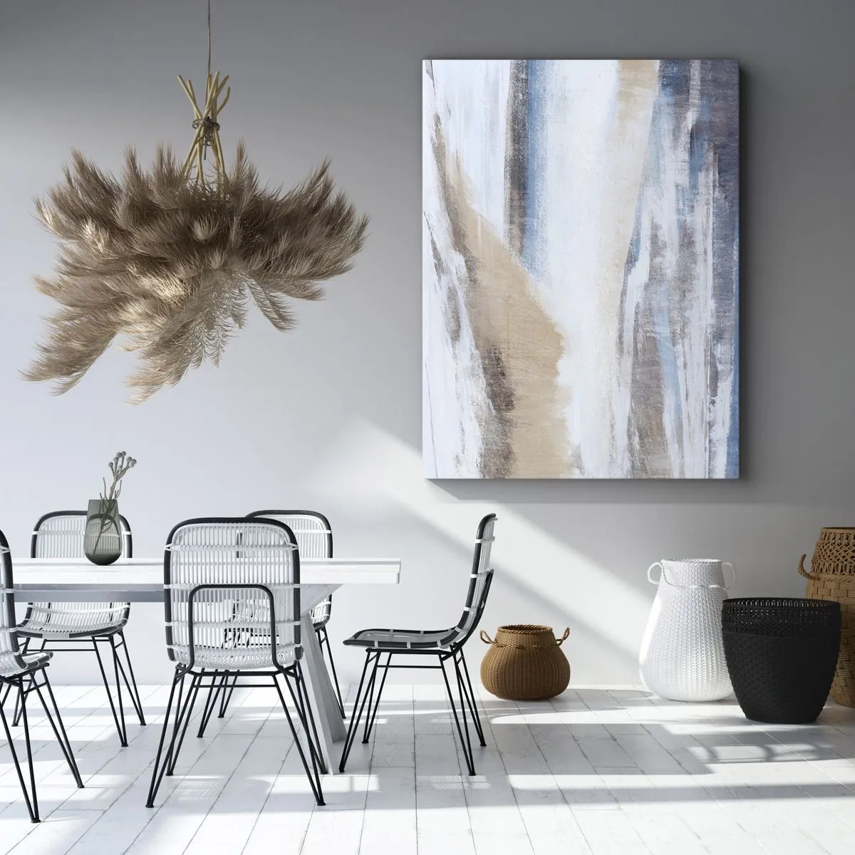 Obraz na płótnie - Abstrakcyjna kompozycja w odcieniach beżu, bieli i niebieskiego - 50x70cm - Zimowa kompozycja - Nowoczesna dekoracja ścienna do salonu, kuchni i sypialni ARTTOR