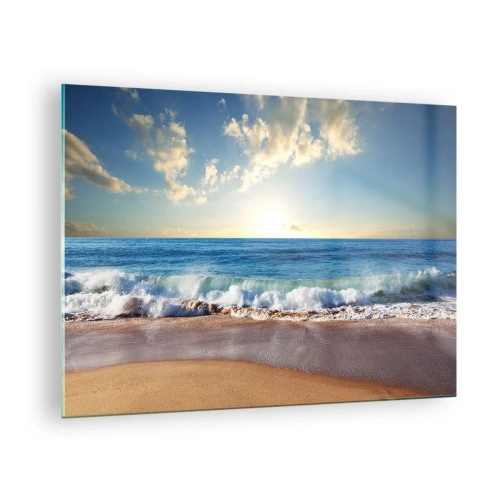 Obraz na szkle - Fale oceanu rozbijające się o złocistą plażę o wschodzie - 70x50cm - Ruch i bezruch zarazem - Nowoczesna dekoracja ścienna do salonu i sypialni ARTTOR