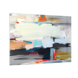 Obraz na szkle - Abstrakcyjna kompozycja z kolorowymi plamami i pociągnięciami - 70x50cm - Jest metoda? - Nowoczesna dekoracja ścienna do salonu i sypialni ARTTOR