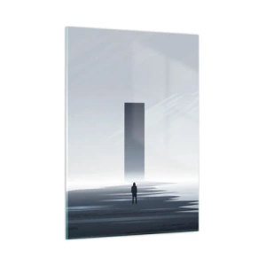 Obraz na szkle - Minimalistyczny pejzaż z postacią i monolitem w oddali - 50x70cm - Szansa czy zagrożenie? - Nowoczesna dekoracja ścienna do salonu, kuchni i sypialni ARTTOR