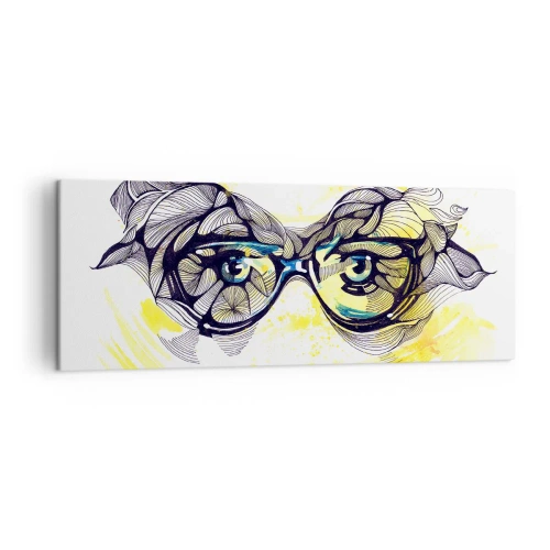 Obraz na płótnie - Artystyczna grafika okularów z wyrazistymi oczami - 140x50cm - Przez błękitne okulary - Nowoczesna dekoracja ścienna do salonu i sypialni ARTTOR
