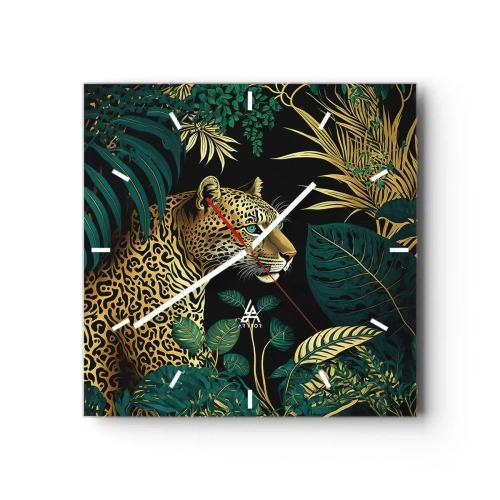 Zegar ścienny - Leopard w tropikalnych liściach na czarnym tle - 30x30cm - Gospodarz w dżungli - Nowoczesna dekoracja ścienna do salonu i sypialni ARTTOR