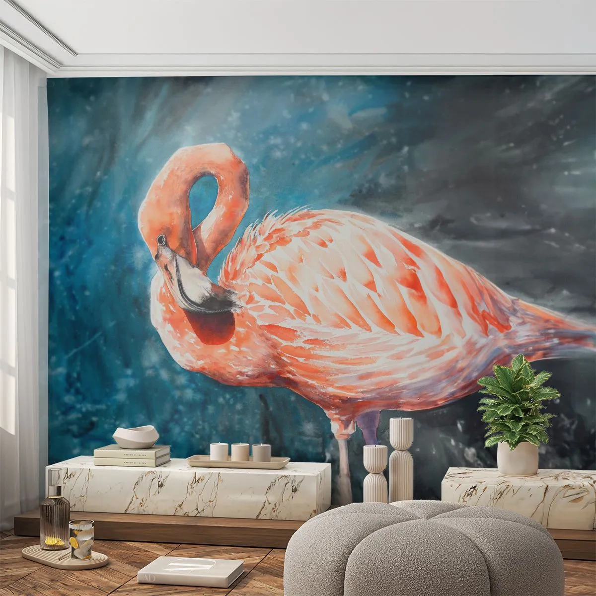 Fototapeta Premium Sand - Flaming na tle malarskiej kompozycji w odcieniach niebieskiego - 100x70cm - Dekoracyjny z natury - Nowoczesna dekoracja ścienna do salonu, kuchni i sypialni ARTTOR