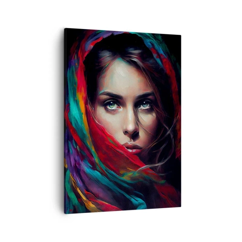 Obraz na płótnie - Portret kobiety w kolorowej chuście o intensywnych barwach - 50x70cm - Zielonooka tajemnica - Nowoczesna dekoracja ścienna do salonu, kuchni i sypialni ARTTOR