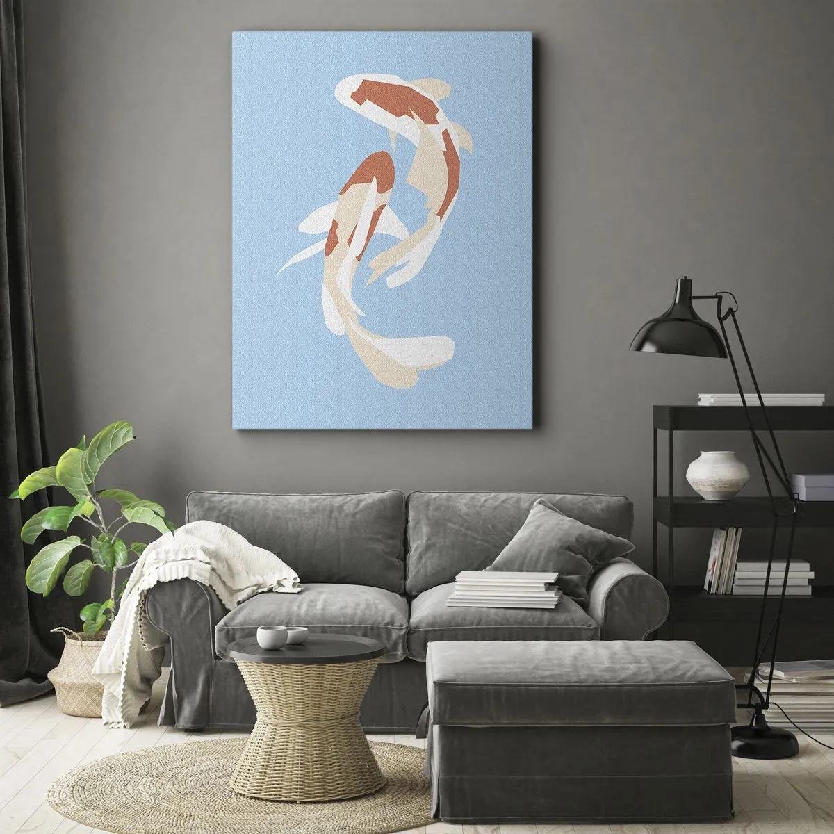 Obraz na płótnie - Minimalistyczna ilustracja dwóch ryb koi na błękitnym tle - 70x100cm - Pływanie synchroniczne spontaniczne - Nowoczesna dekoracja ścienna do salonu i sypialni ARTTOR