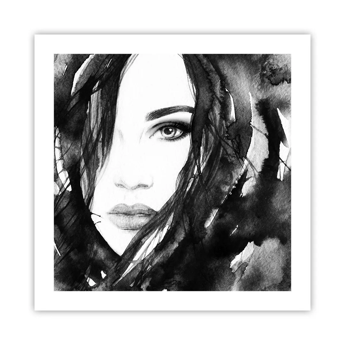 Plakat - Portret damy w czerni i bieli - 50x50 cm