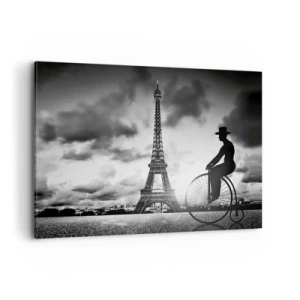 Obraz na płótnie - Czarno-biały obraz z rowerem retro i wieżą Eiffla w tle - 100x70cm - Tęsknota do Belle Epoque - Nowoczesna dekoracja ścienna do salonu, kuchni i sypialni ARTTOR