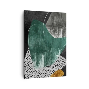 Obraz na płótnie - Abstrakcyjna kompozycja z zielonymi kształtami i wzorami kropek - 70x100cm - Barwna abstrakcja z płatkiem złota - Nowoczesna dekoracja ścienna do salonu i sypialni ARTTOR