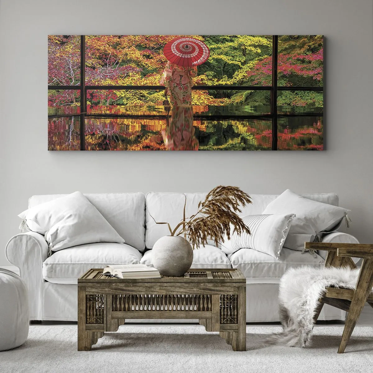Obraz na płótnie - Kobieta w kimonie z parasolem na tle jesiennego krajobrazu - 160x50cm - W świątyni natury - Nowoczesna dekoracja ścienna do salonu i sypialni ARTTOR