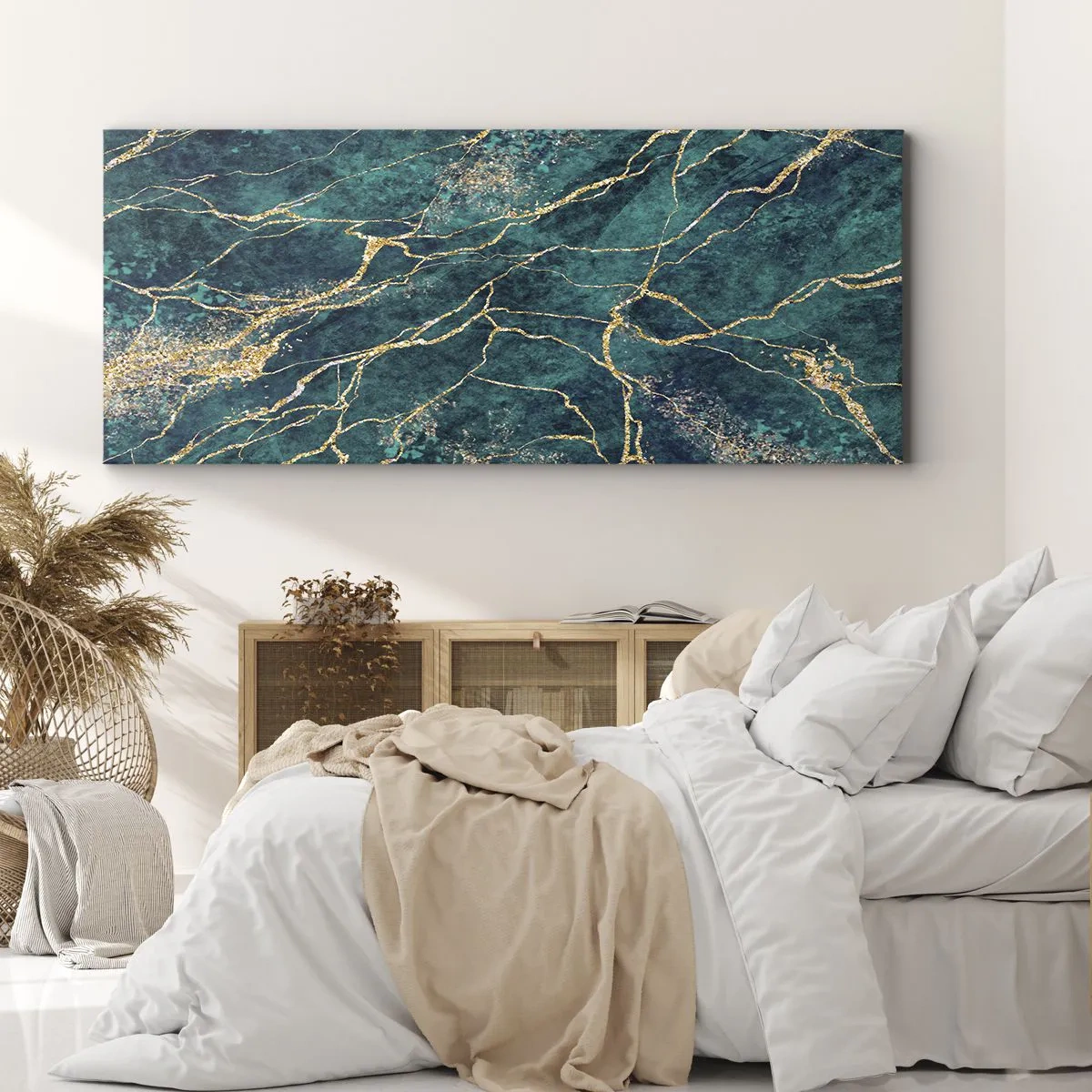 Obraz na płótnie - Teksturowany wzór marmuru w odcieniach turkusu i złota - 160x50cm - Żyła złota - Nowoczesna dekoracja ścienna do salonu i sypialni ARTTOR