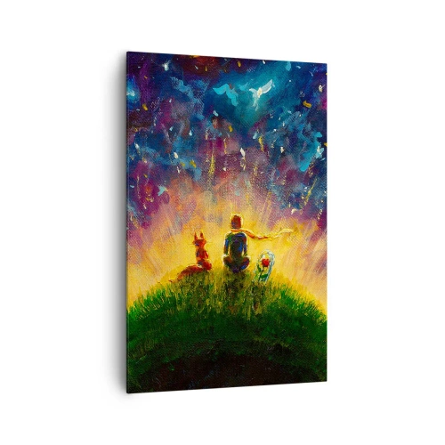Obraz na płótnie - Postacie na zielonym wzgórzu otoczone gwiaździstym niebem - 80x120cm - Miłość i przyjaźń - cały świat - Nowoczesna dekoracja ścienna do salonu i sypialni ARTTOR