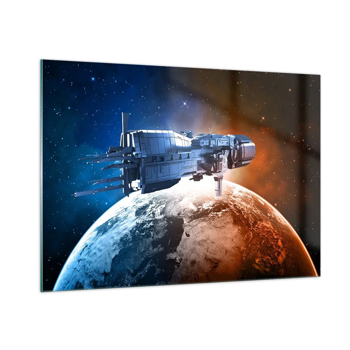 Obraz na szkle - Kosmiczny statek na orbicie planety w świetle gwiazd - 100x70cm - Uważny obserwator - Nowoczesna dekoracja ścienna do salonu, kuchni i sypialni ARTTOR