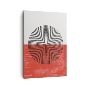 Obraz na płótnie - Abstrakcyjna kompozycja z koncentrycznymi okręgami na tle bieli i czerwieni - 50x70cm - W samo sedno - Nowoczesna dekoracja ścienna do salonu, kuchni i sypialni ARTTOR