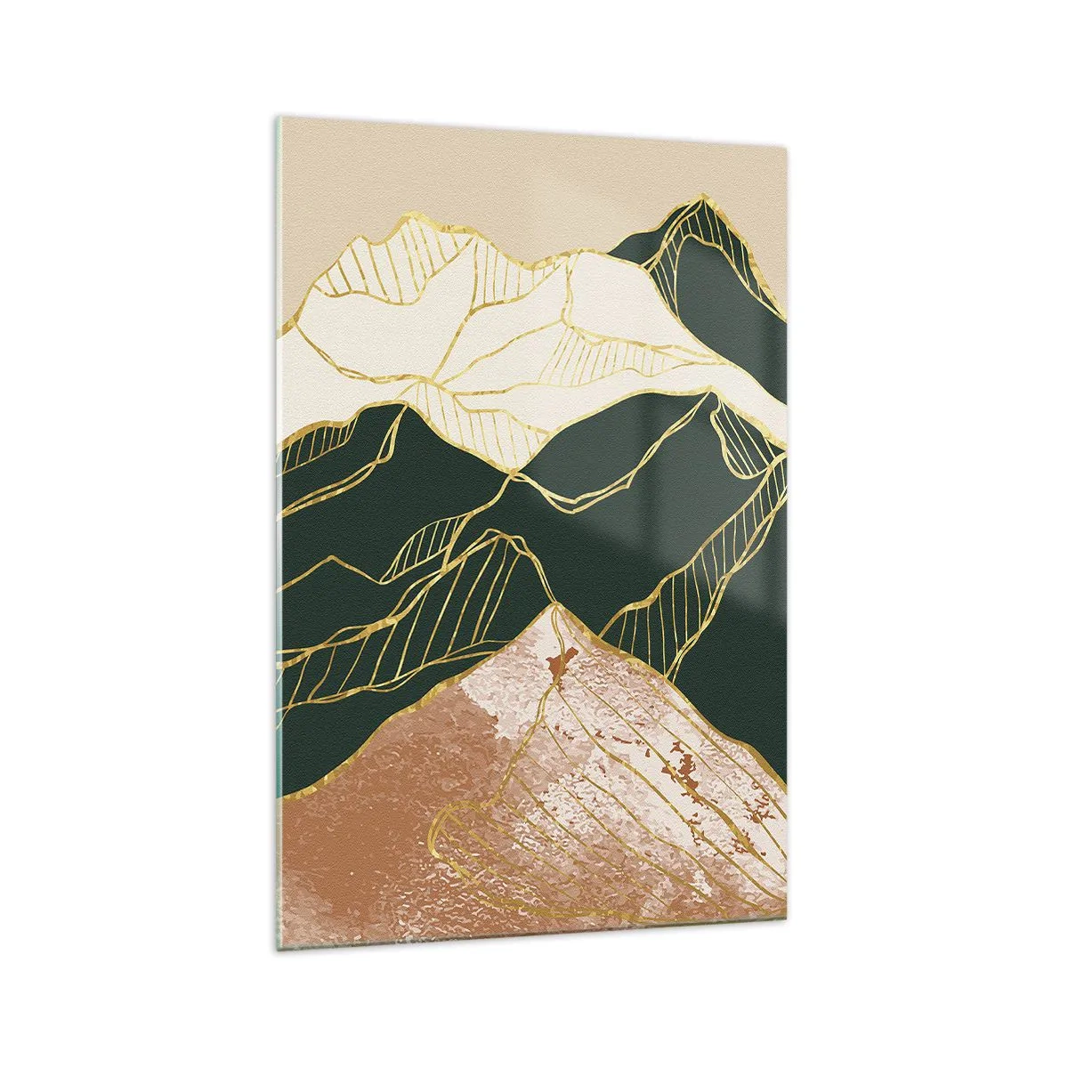 Obraz na szkle - Abstrakcyjne góry w odcieniach zieleni i beżu ze złotymi liniami - 70x100cm - Złote szczyty - Nowoczesna dekoracja ścienna do salonu i sypialni ARTTOR