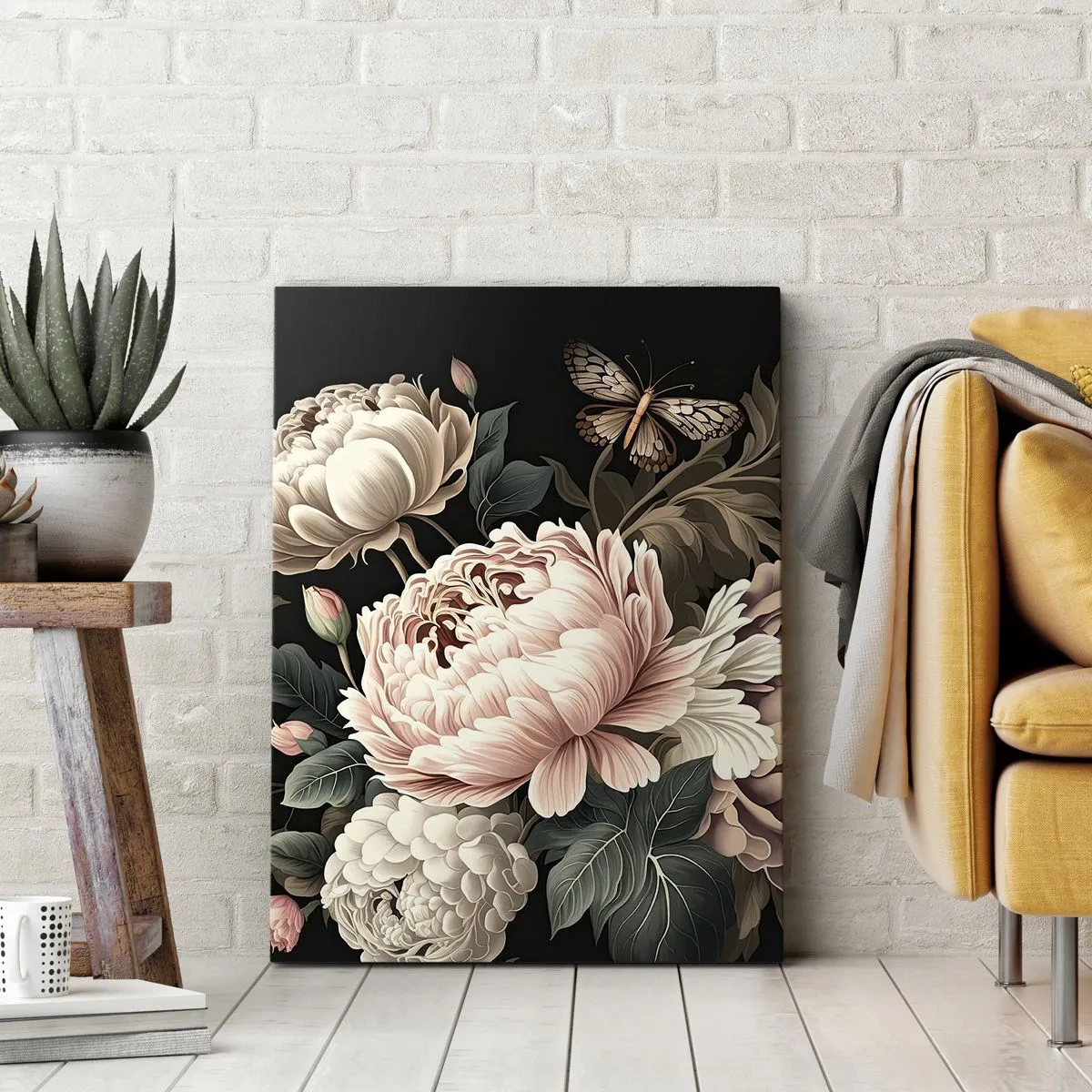 Obraz na płótnie - Bukiet różowych kwiatów i motyli na czarnym tle - 70x100cm - W barokowym stylu - Nowoczesna dekoracja ścienna do salonu i sypialni ARTTOR