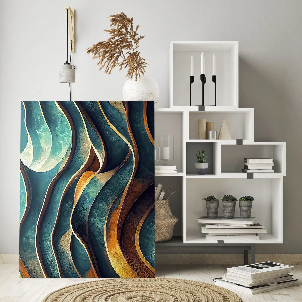 Obraz na szkle - Dynamiczne linie w błękicie i miedzi tworzące fale - 50x70cm - Meandry błękitu - Nowoczesna dekoracja ścienna do salonu, kuchni i sypialni ARTTOR