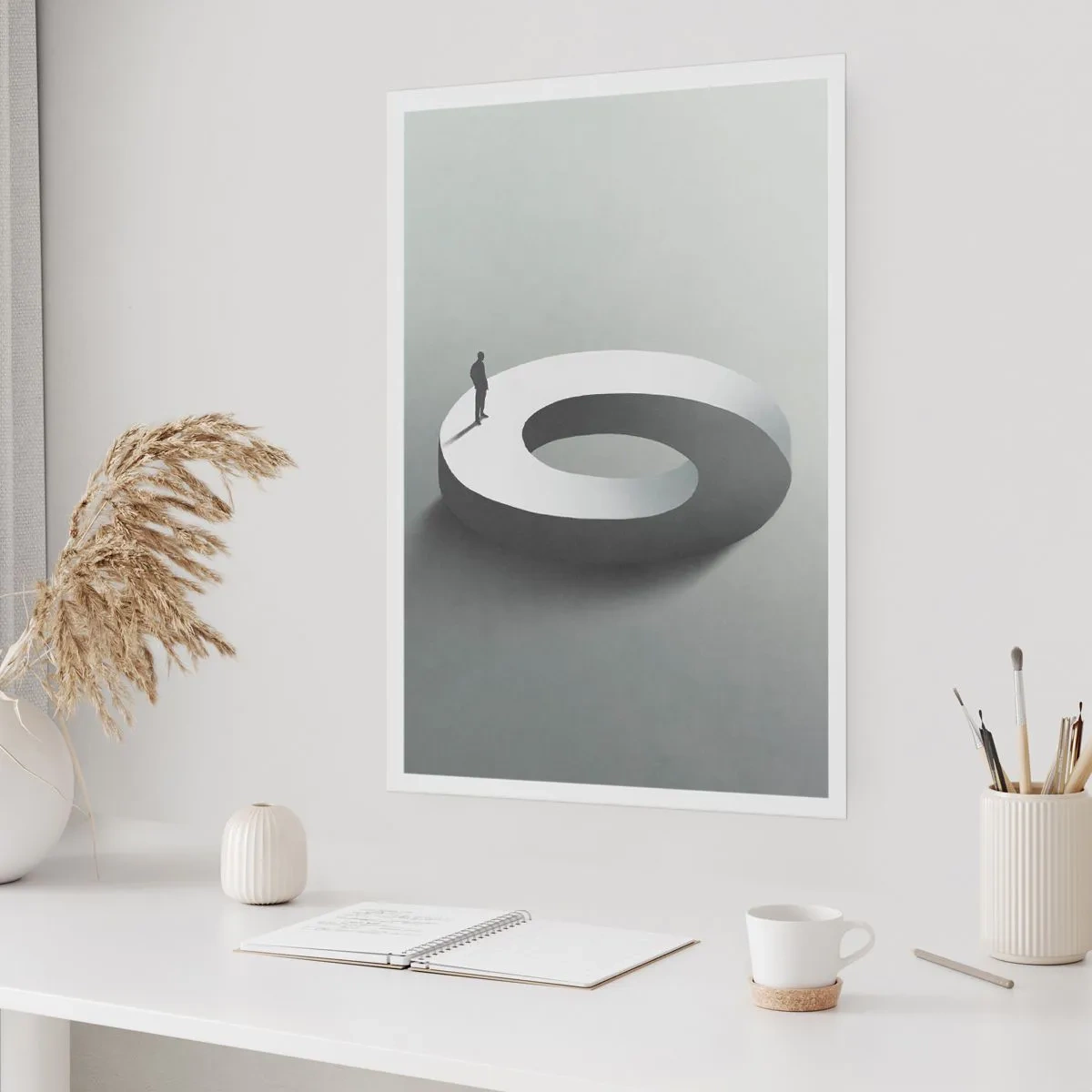 Plakat - Minimalistyczna postać na geometrycznej strukturze - 50x70cm - I bądź tu mądry - Nowoczesna dekoracja ścienna do salonu, kuchni i sypialni ARTTOR
