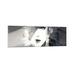 Obraz na szkle - Abstrakcyjny portret kobiety w szarościach z delikatnymi akcentami - 160x50cm - Zza szarego woalu - Nowoczesna dekoracja ścienna do salonu i sypialni ARTTOR