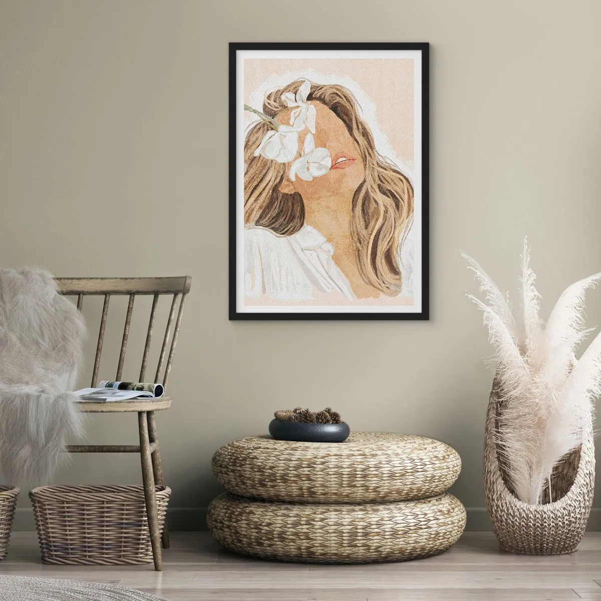 Plakat w czarnej ramie - Portret kobiety z kwiatami zasłaniającymi twarz - 50x70cm - Wśród kwiatów w uniesieniu - Nowoczesna dekoracja ścienna do salonu i sypialni ARTTOR