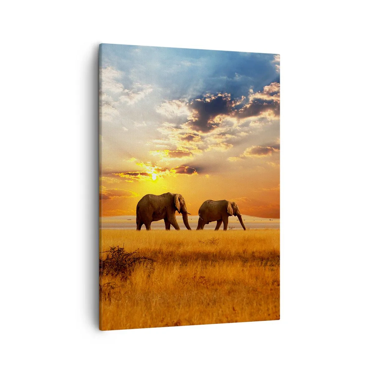 Obraz na płótnie - Dwa słonie spacerujące po sawannie o zachodzie słońca - 50x70cm - Rodzinna przechadzka - Nowoczesna dekoracja ścienna do salonu, kuchni i sypialni ARTTOR