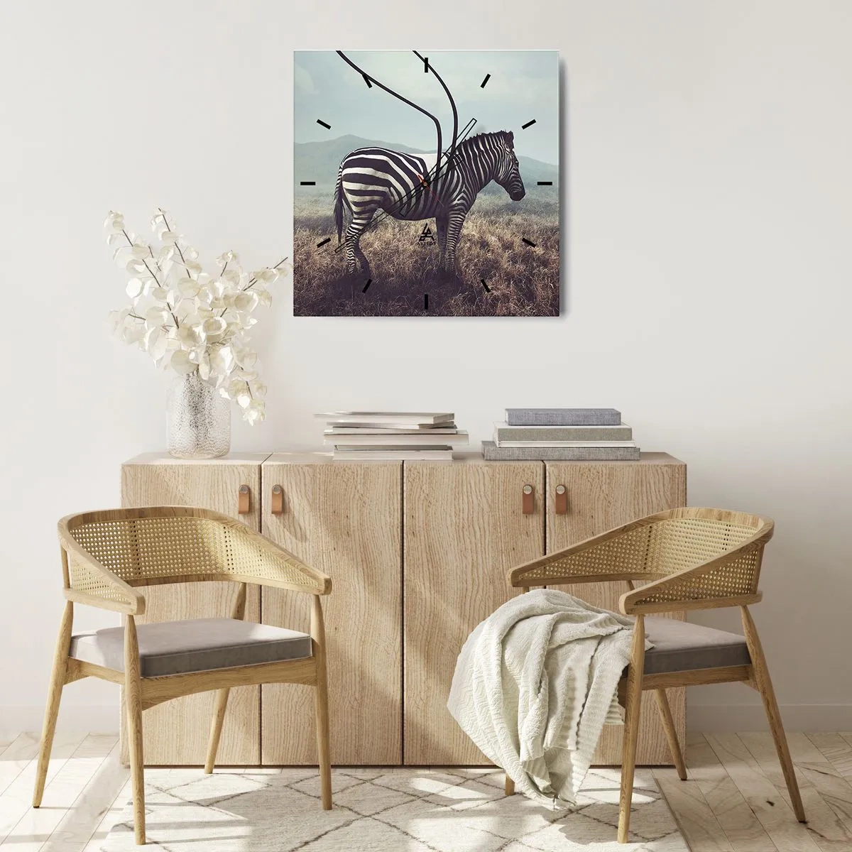 Zegar ścienny - Surrealistyczna zebra na tle trawiastego krajobrazu - 30x30cm - Uwaga! Usterka - Nowoczesna dekoracja ścienna do salonu i sypialni ARTTOR