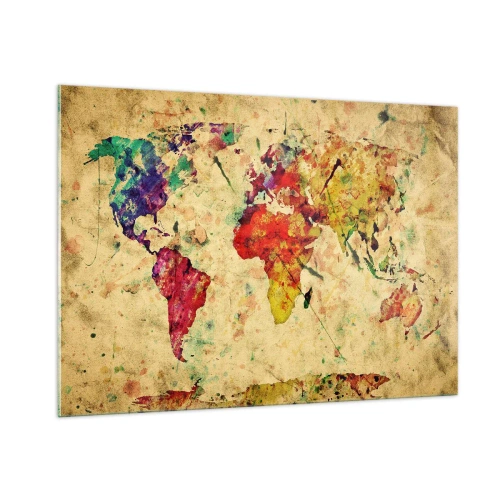 Obraz na szkle - Kolorowa mapa świata na teksturowanym, vintage tle - 100x70cm - Życie jak barwny papier mapy - Nowoczesna dekoracja ścienna do salonu, kuchni i sypialni ARTTOR
