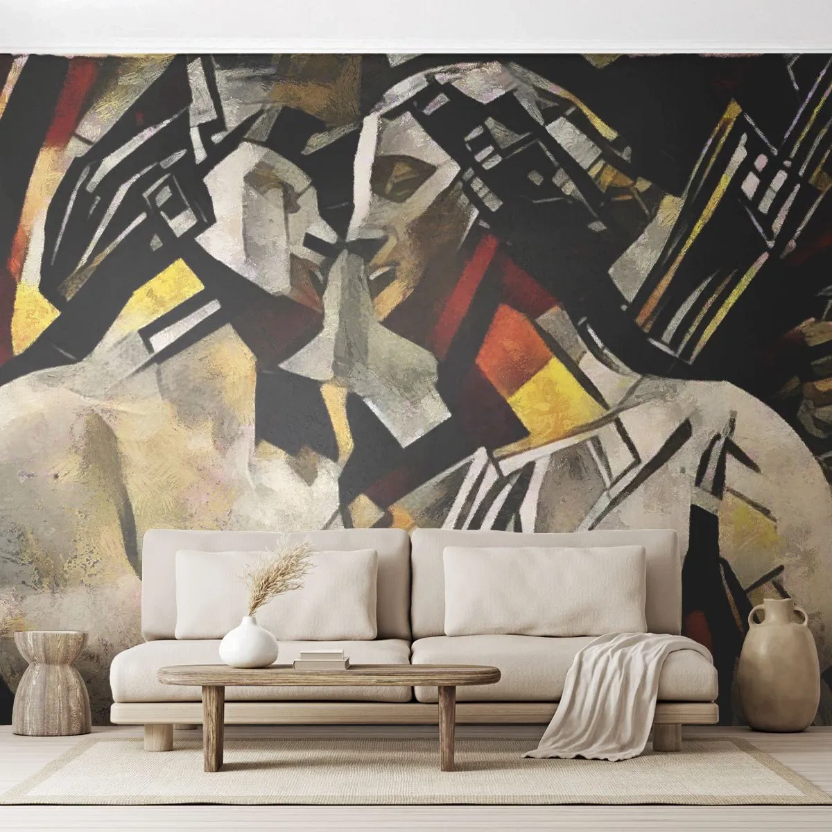 Fototapeta Premium Sand - Abstrakcyjna para w geometrycznej kompozycji - 100x70cm - Posągowy pocałunek - Nowoczesna dekoracja ścienna do salonu, kuchni i sypialni ARTTOR