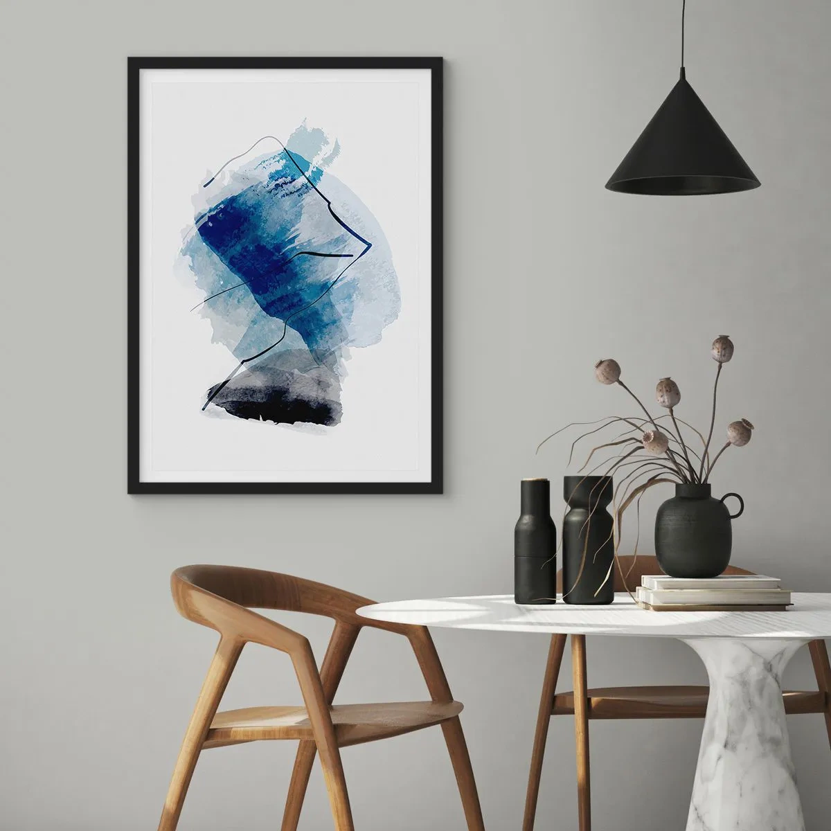 Plakat w czarnej ramie - Abstrakcja w odcieniach niebieskiego z czarnymi liniami - 50x70cm - Lodowa góra - Nowoczesna dekoracja ścienna do salonu i sypialni ARTTOR