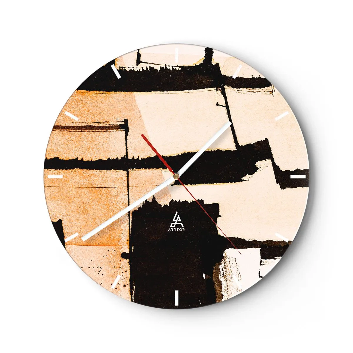 Zegar ścienny - Abstrakcyjna kompozycja geometryczna w beżach i czerni - 30x30cm - Jednak porządek - Nowoczesna dekoracja ścienna do salonu, kuchni i sypialni ARTTOR