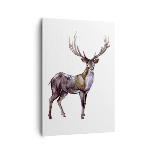 Obraz na płótnie - Akwarelowa ilustracja jelenia z majestatycznym porożem - 70x100cm - Król północnej puszczy - Nowoczesna dekoracja ścienna do salonu i sypialni ARTTOR